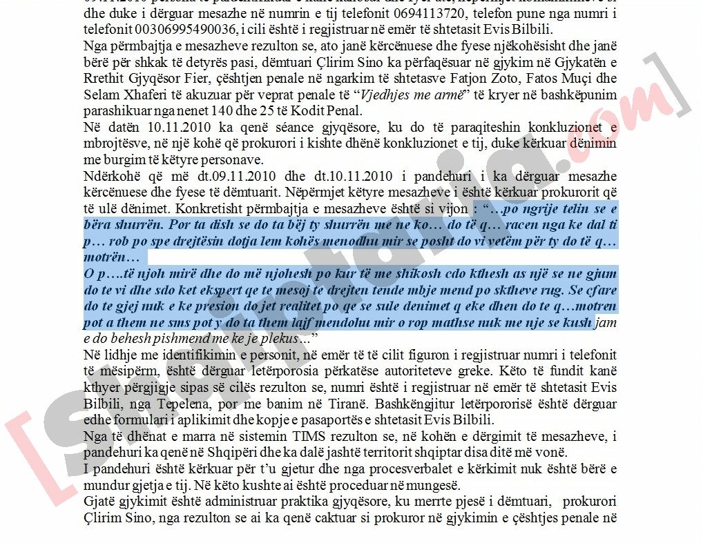 mesazhi kercenues per prokurorin e fierit