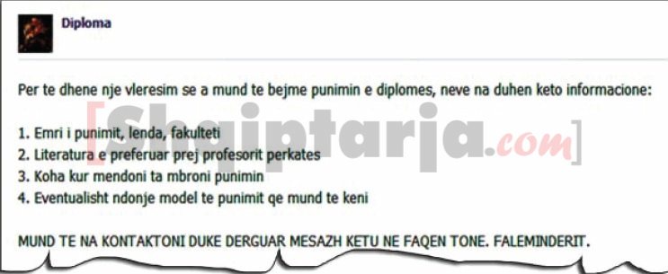 faksimile e nje profili ne FB qe ofron diploma