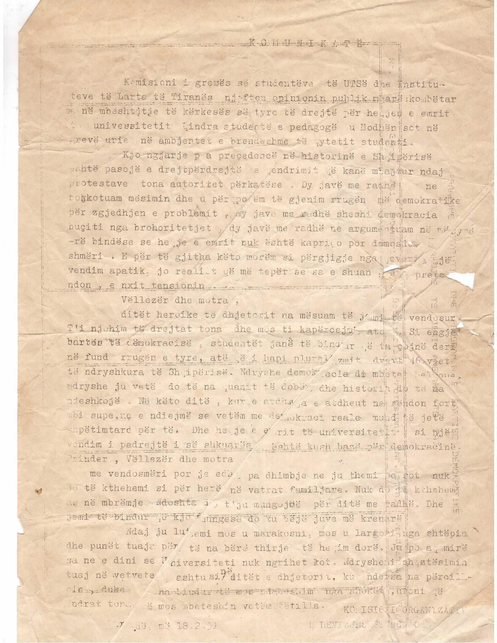 Komunikata e greves se urise shkurt 1991