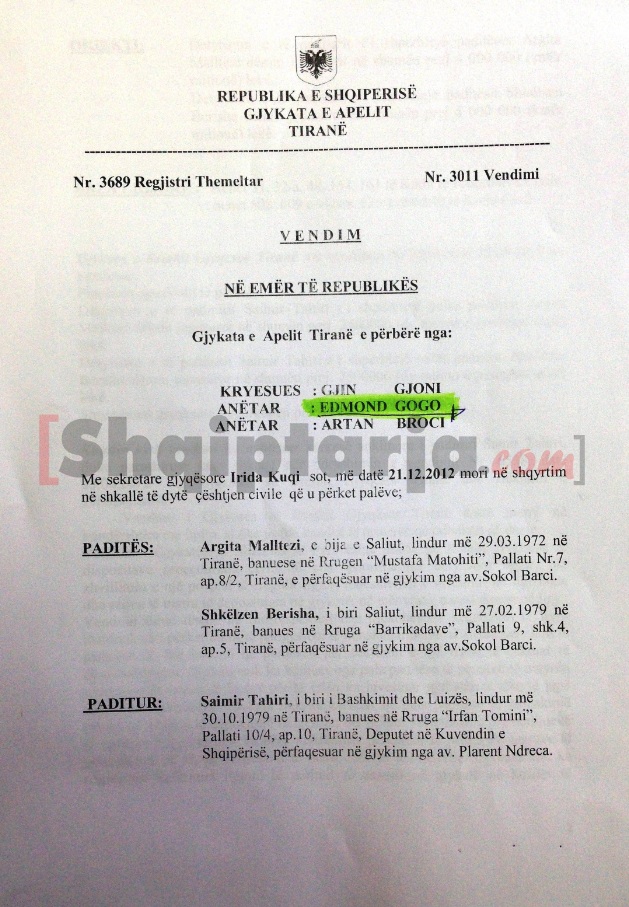 Vendimi i gjyqtarit Edmond Gogo