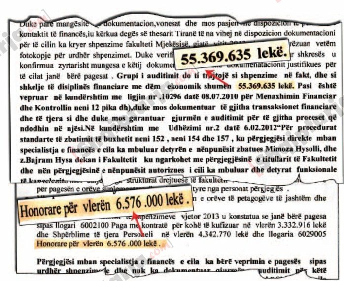 Faksmile e raportit të auditit të Rektoratit Universitetit të Mjekësisë