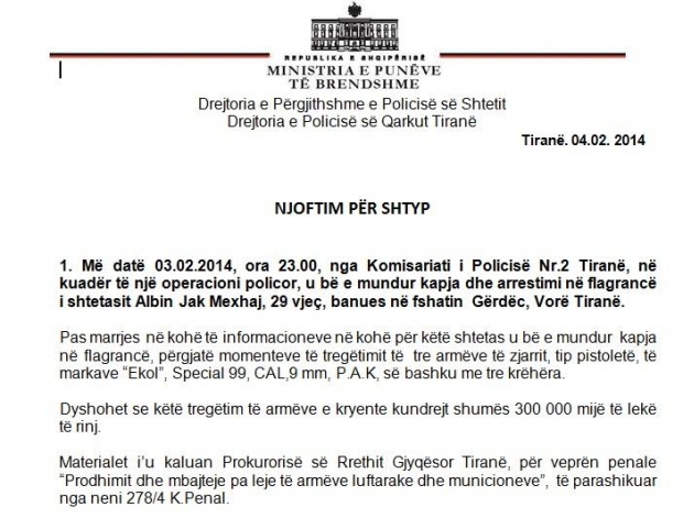 njoftimi i policise arrestimi albin mexhaj
