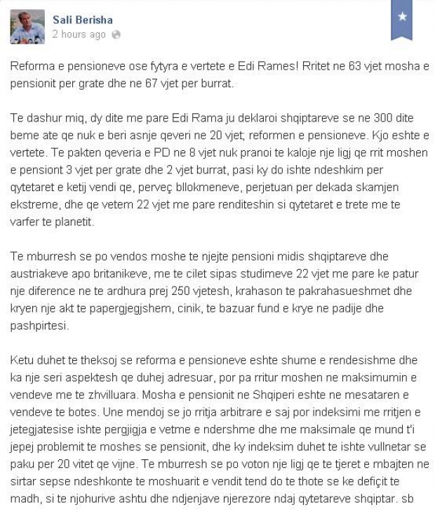 berisha ne fb per reformen e pensioneve