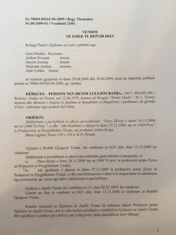 Vendimi i Gjykatës për Bashën