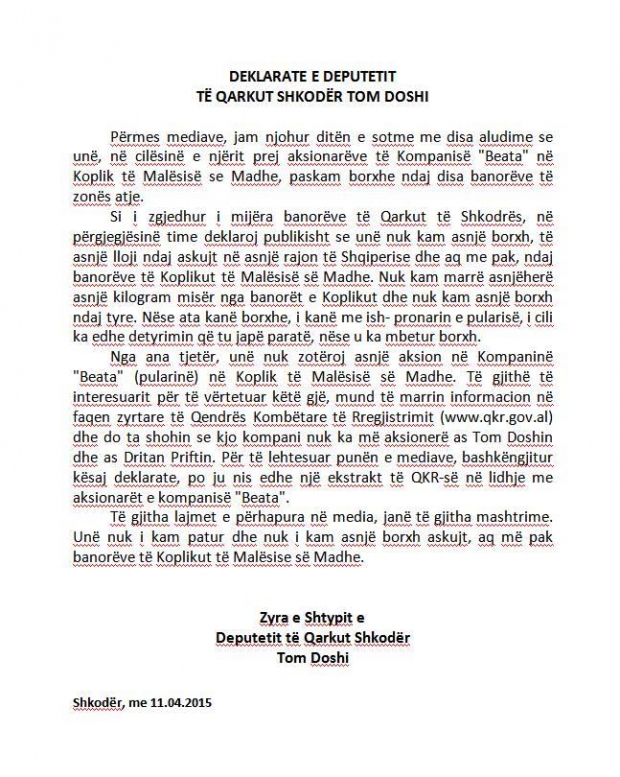 tom doshi pularia deklarate