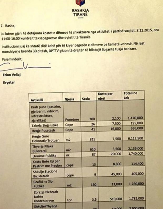 Dëmet nga protesta, Bashkia Tiranë gjobit Partinë Demokratike