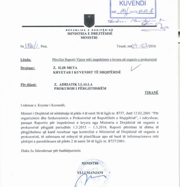 Ministria e Drejtësisë raport në Kuvend për inspektimet në Prokurori