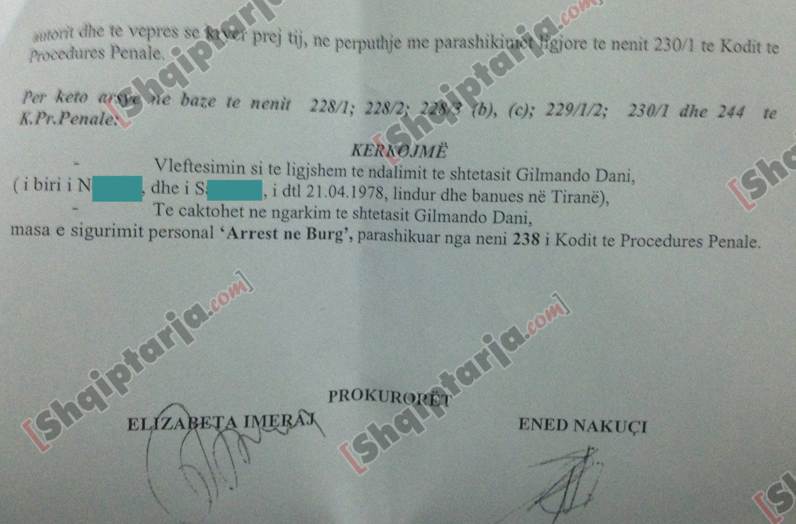 faksimilet madsa e arrestit qe kerkoi prokuroria shullazi dani