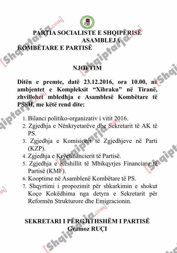 njoftim asambleja kombetare e ps