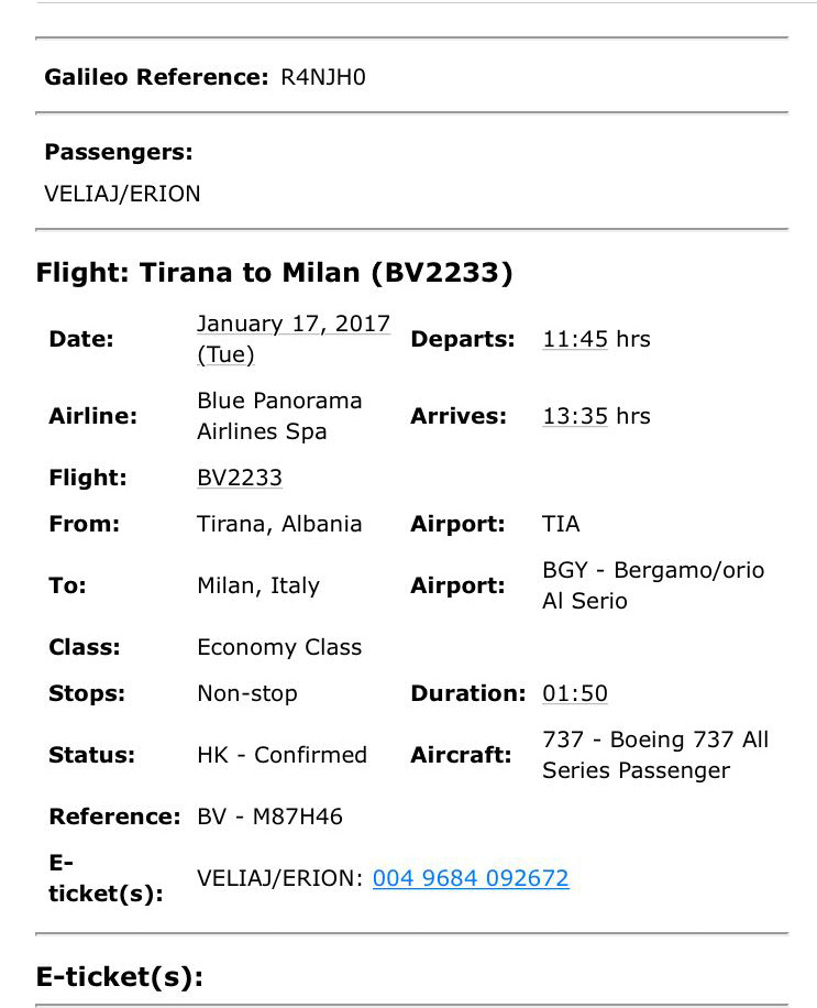 bileta e avionit veliaj