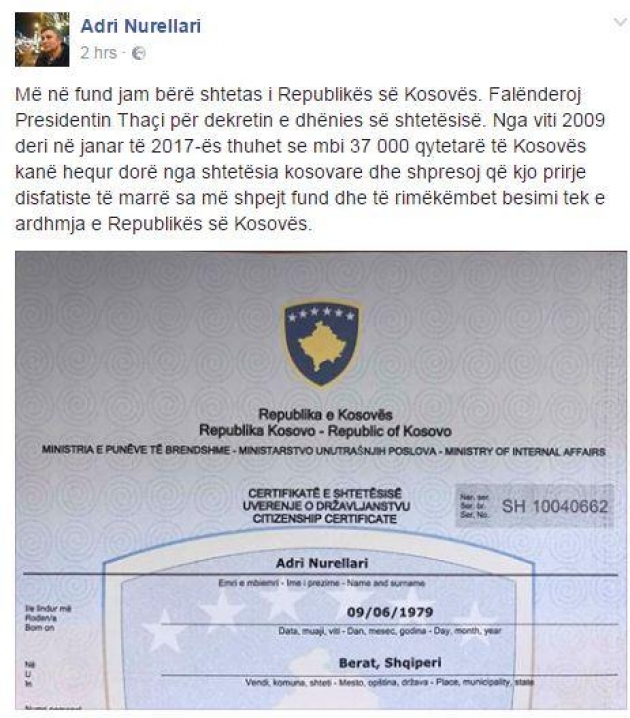 Postimi në FB i Adri Nurellarit