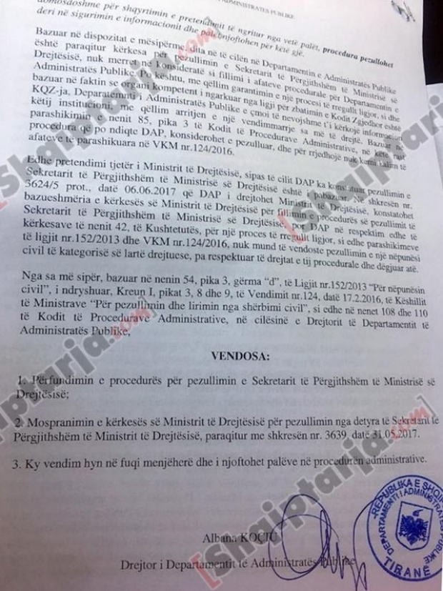 vendimi per shkarkimin e sekretarit