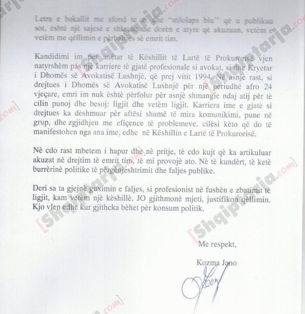 Reagimi i kandidatit për KLP, Kozma Jano