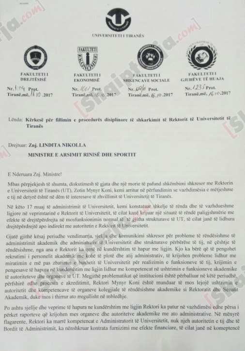 4 dekanë të UT kërkojnë pezullimin e rektorit Koni