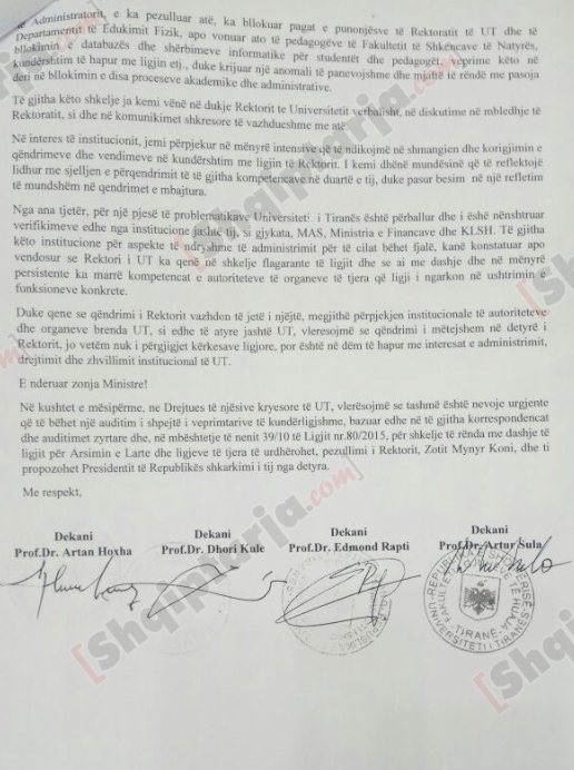 4 dekanë të UT kërkojnë pezullimin e rektorit Koni