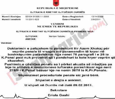 vendimi i gjykates se durresit per Ilir Xhakja