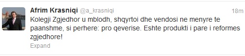 afrim krasniqi ne twitter per Kolegjin zgjedhor