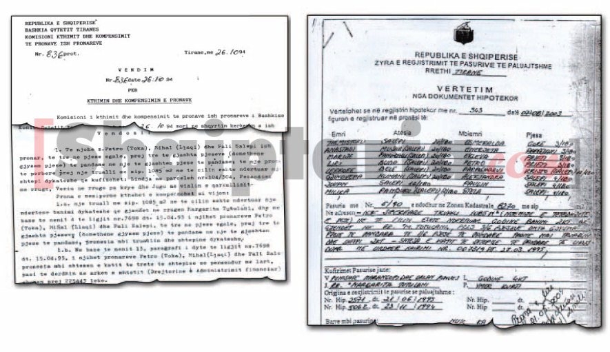 Faksimile e dokumenteve që vërtetojnë pronësinë e truallit nga 13 familjet te Petro Nini me logo