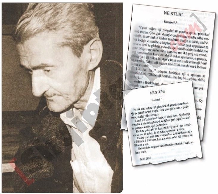 Djathtas shkrimtari Anton Pashku majtas faksimile e tregimeve të autorit me logo