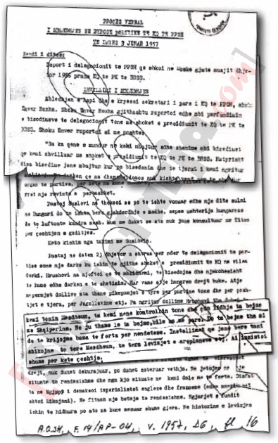 Faksimile e fjalimit ë Enver Hoxhës në byronë politike të PPSH më 3 janar 1957 me logo