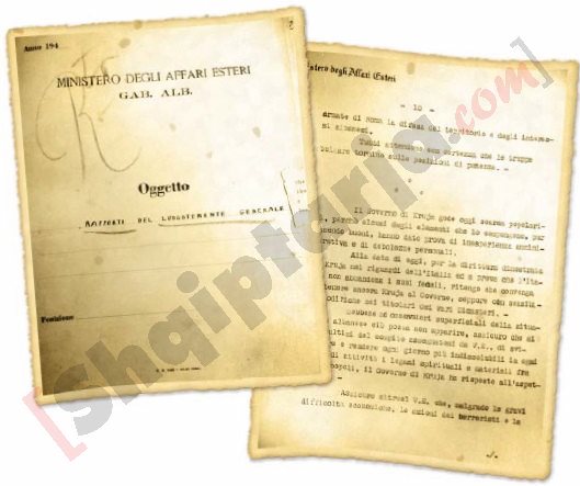 Faksimile e faqes së parë të fashikullit titulluar %u201CRaporte të Mëkëmbësit të Përgjithshëm%u201D dhe një nga faqet e këtij fashikulli me logo