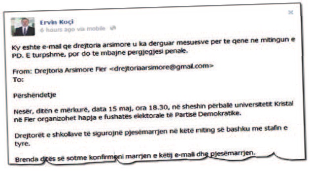 Faksimile e emailit të Drejtorisë Arsimore Fier