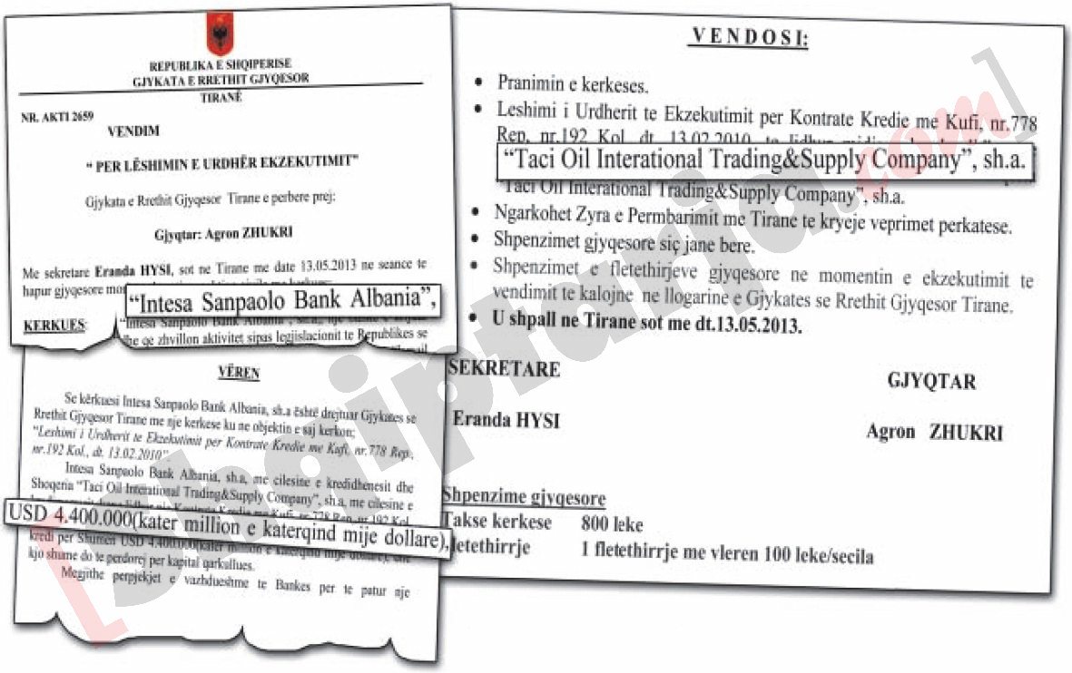 Faksimile e vendimit tÃ« GjykatÃ«s pÃ«r bllokimin e llogarisÃ« sÃ« TaÃ§i Oil me logo