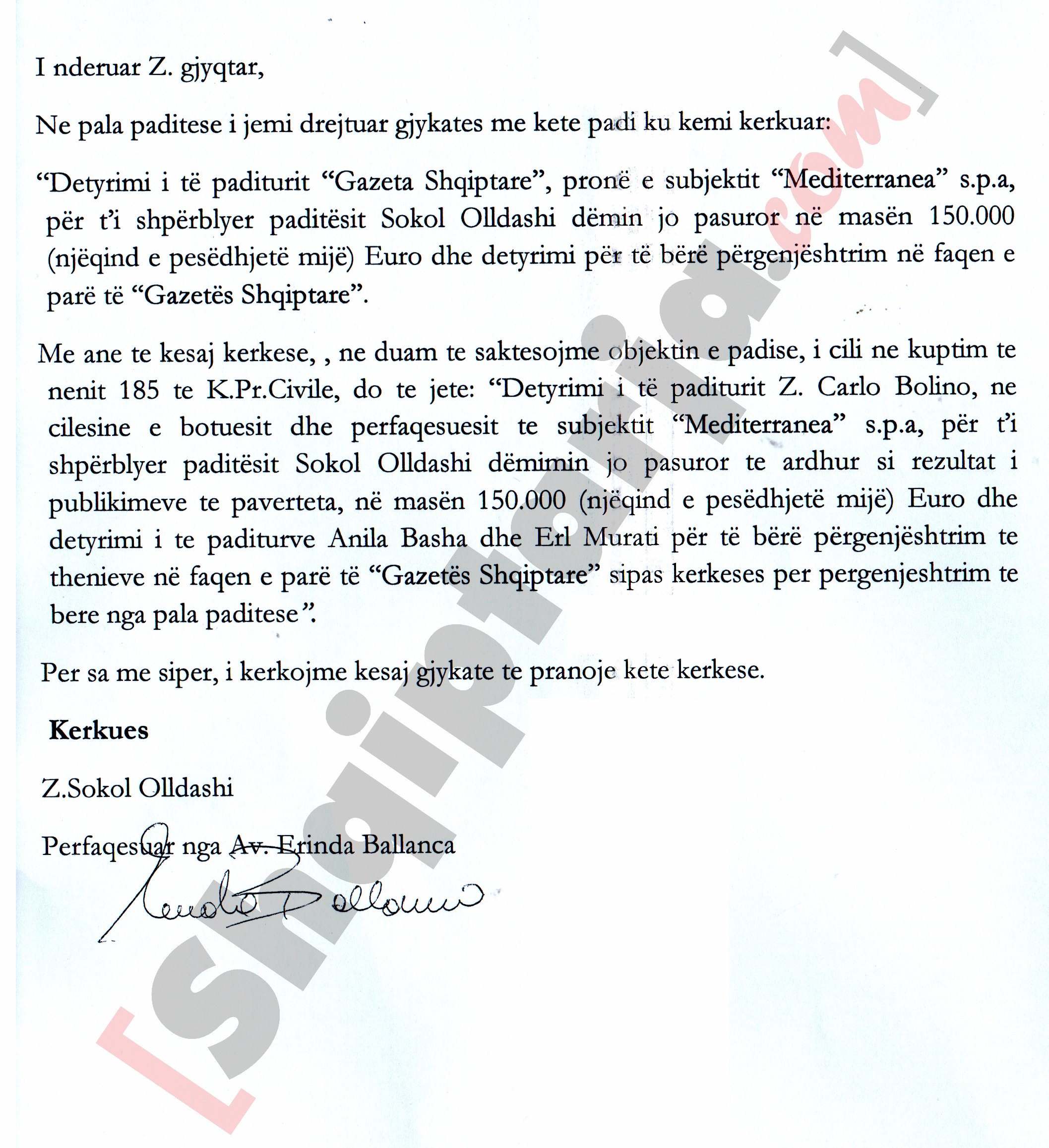 Faksimile e kërkesës së avokates Erinda Ballanca për ndryshimin e objektit të padisë nga shoqëria Mediterrane në Carlo Bollino, faqe 2 me logo