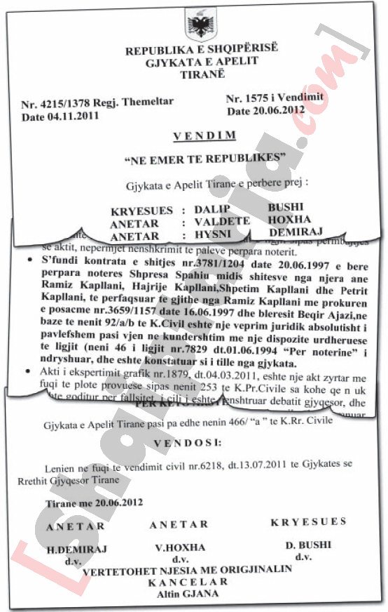 Faksimile e vendimit të gjykatë së Apelit që shpall të falsifikuar aktin e marrjes në pronësi të truallit nga Beqir Ajazi me logo 2