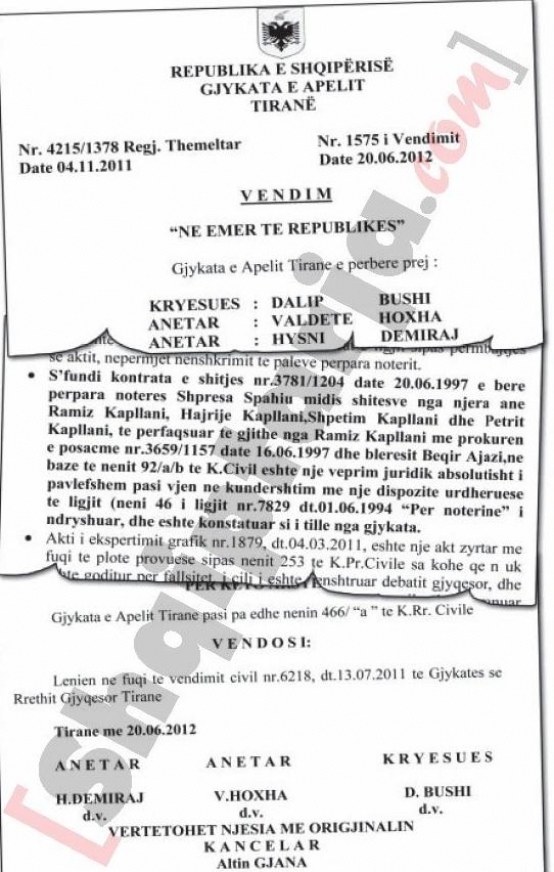 Faksimile e vendimit të gjykatë së Apelit që shpall të falsifikuar aktin e marrjes në pronësi të truallit nga Beqir Ajazi me logo 2