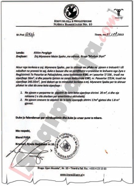 Faksimile e  lejes për vendosjen e reklamës ngha Njësia Bashkiake nr 10 me logo