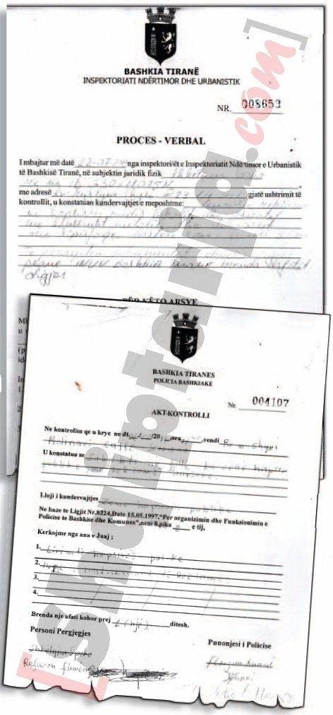 Faksimile Proces -Verbali, Inspektoriati Ndërtimor Urbanistik i Tiranës dhe Akt-Kontrolli i Policisë Bashikake me logo