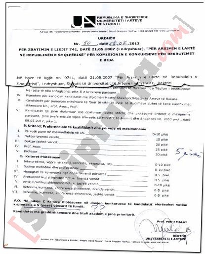 Faksimile e urdhërit të nxjerrë nga UART për konkursin e pedagogëve të jashtëm me logo