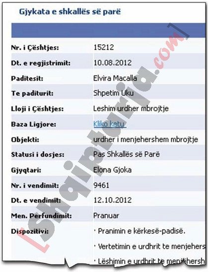 Faksimile e vendimit të Gjykatës për urdhrin e mbrojtjes me logo