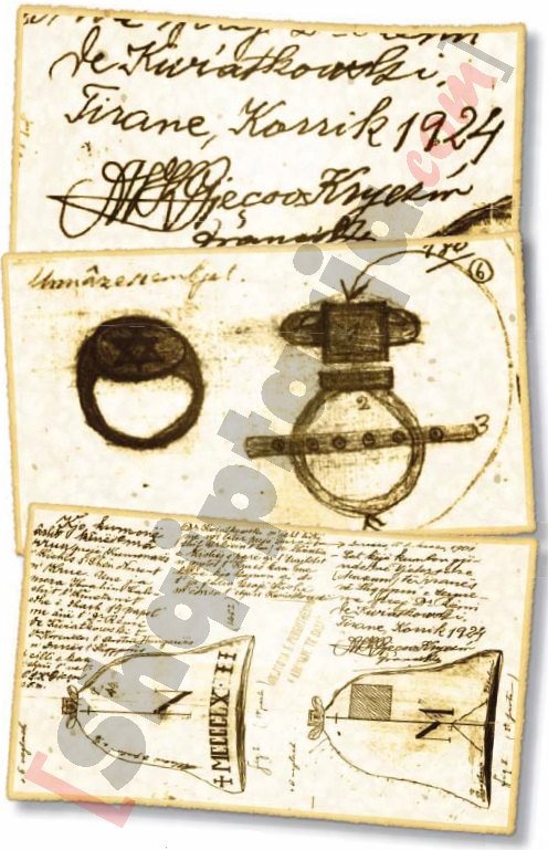 Skica e këmbanës bërë nga Gjeçovi në vitin 1924, pas kthimit të saj në atdhe me logo