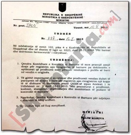 Faksimile e urdhërit të Ministrit të Shëndetësisë me logo