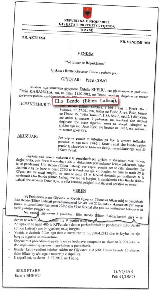 Vendimi Gjykatës për dënimin e Eliton Lafetajt