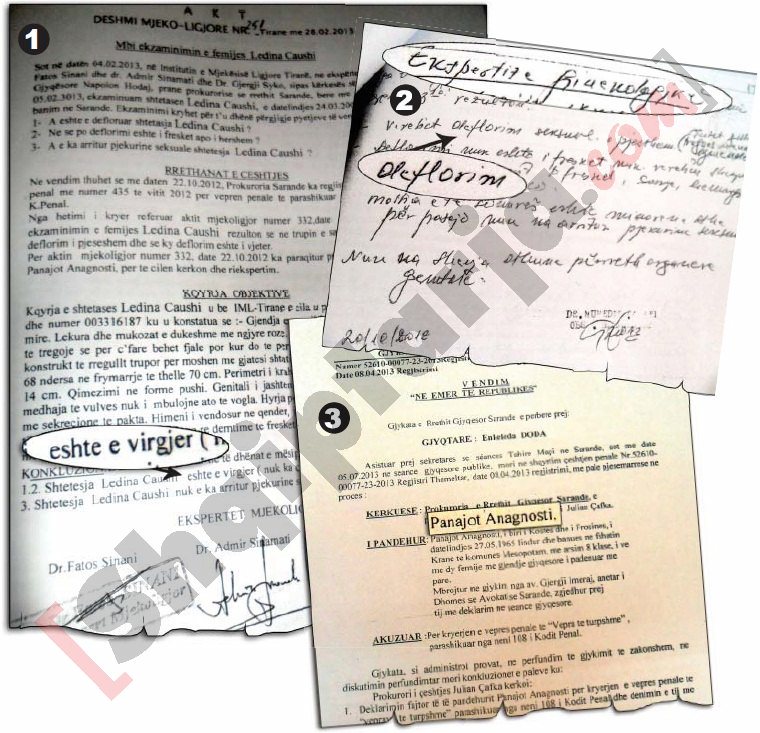 1- Faksimile e dëshmisë mjeko-ligjor në Tiranë, 2- Faksimile e raportit të parë në Sarandë, 3- Faksimile e vendimit të gjykatës Sarandës me logo