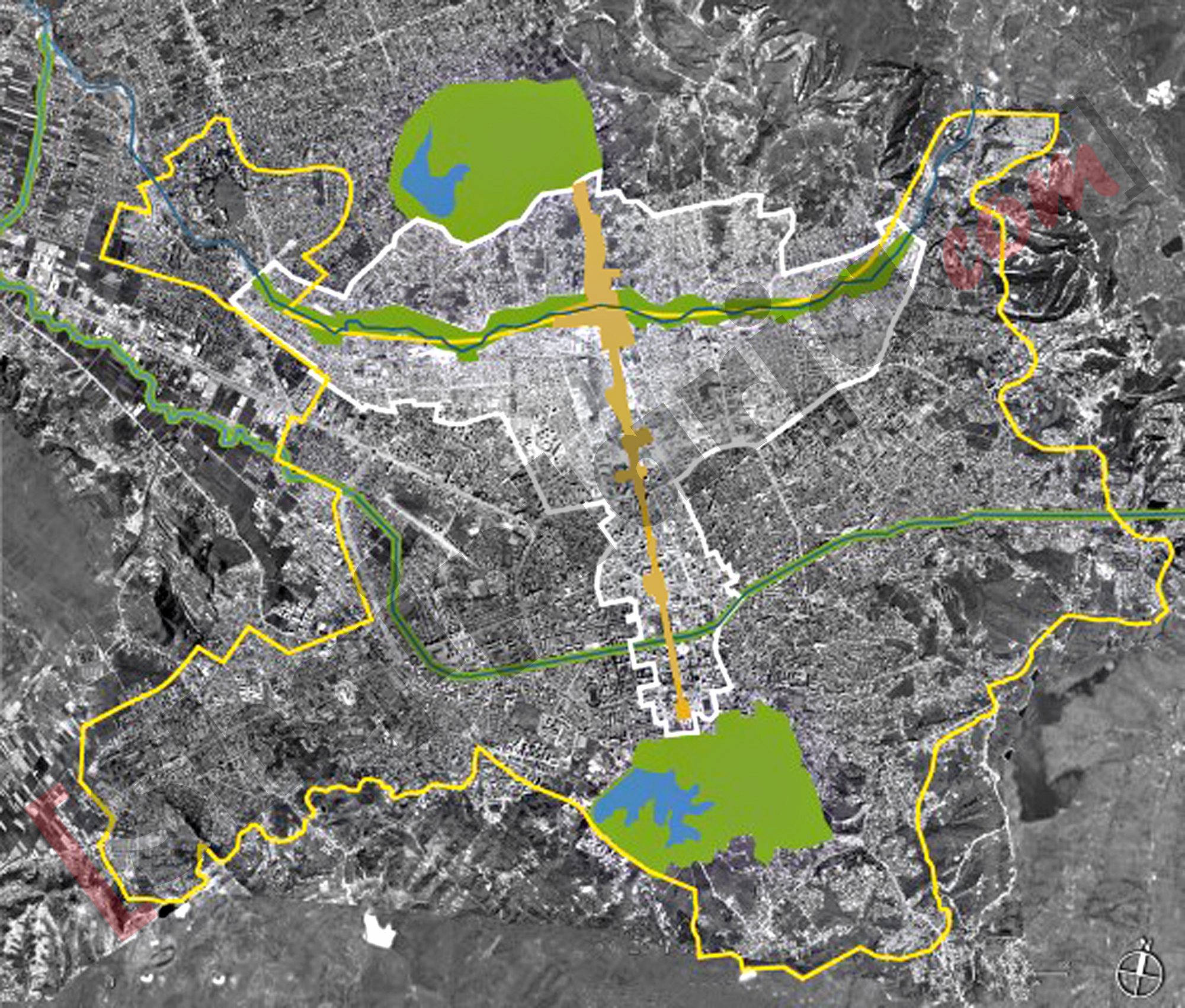 Harta e planit rregullues të Tiranës ku duket aksi Veri-Jug i bulevardit me logo