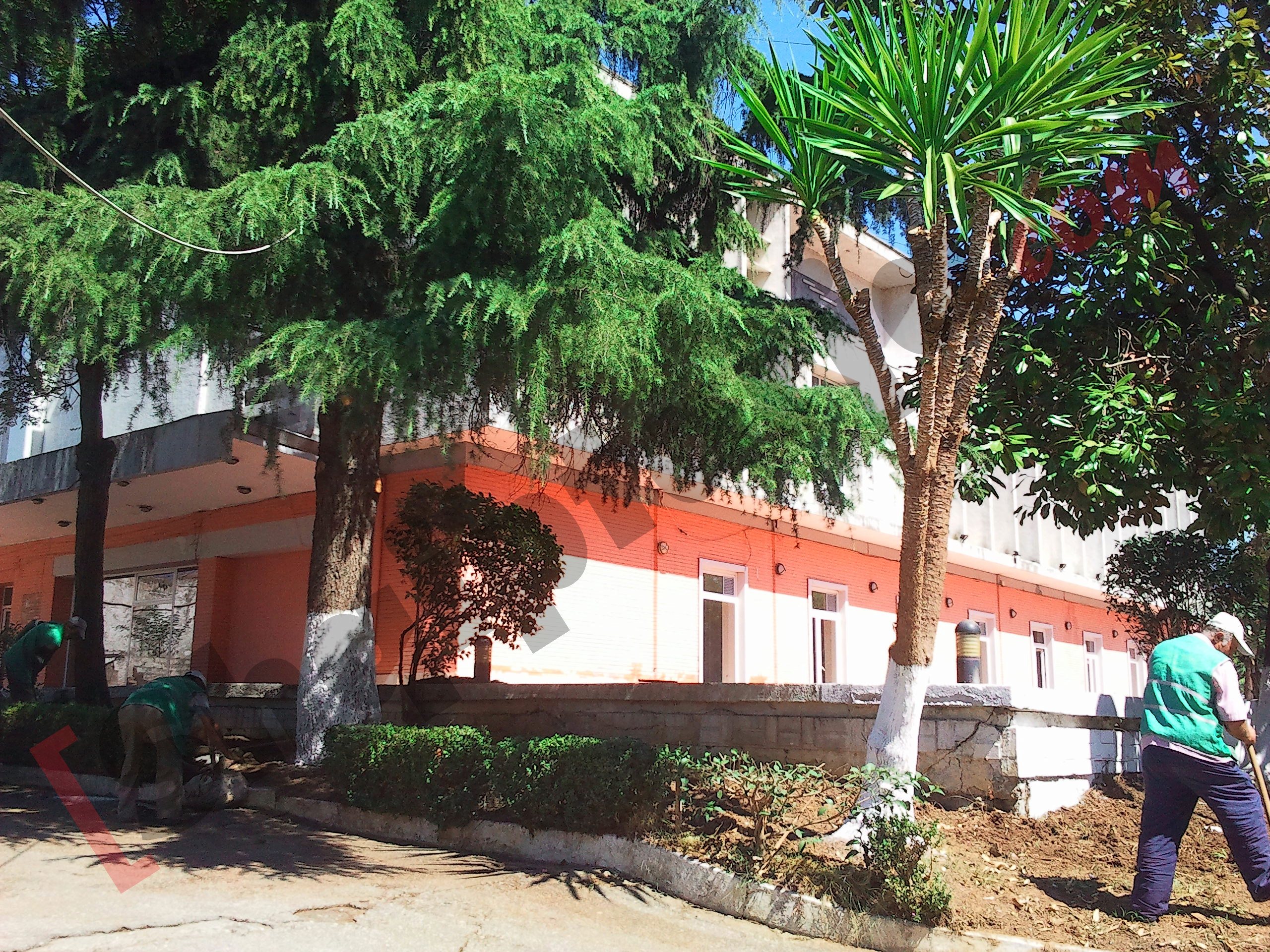 Punonjës të bashkisë në oborrin e  selisë së re të PD 2